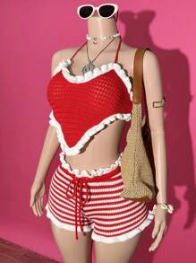 Slaydiva Women's Summer Red And White Stripe 2-Piece Knitted Set,Heart Shape Pendant Halter Top & Plaid Shorts,Casual Beach Vacation,Holiday Music Festival - Red - View 8