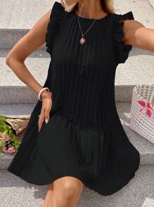 SHEIN LUNE 女士粉色褶皱迷你连衣裙，荷叶边短袖，适合夏季浪漫度假休闲穿着 - 黑色 - 查看 6