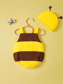 SHEIN Playful Pals 2 件蜜蜂主题女婴服装，可爱有趣的风格适合派对和日常穿着，夏季套装