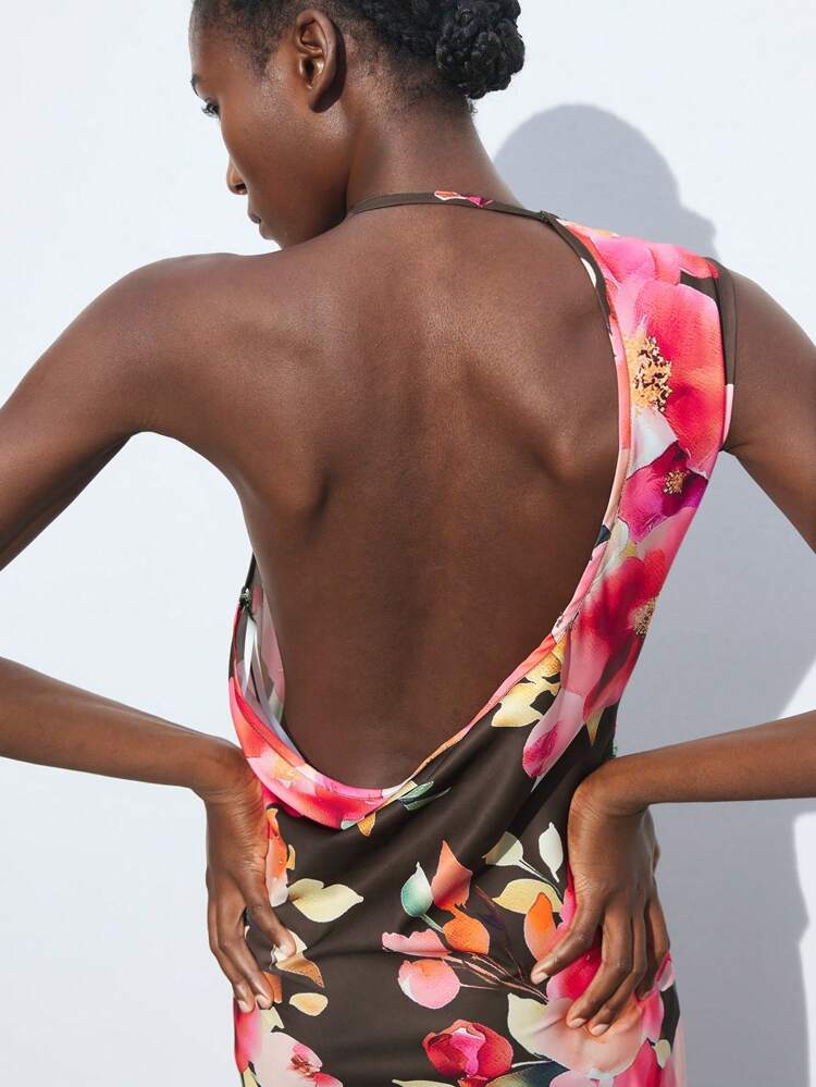 SHEIN Maija 女性用エレガントな花柄オールオーバープリントバックレスドレス、夏の女性用ドレス 誕生日 カジュアルドレス 仕事 夏ドレス 女性用夏ドレス ビーチアウトフィットドレス