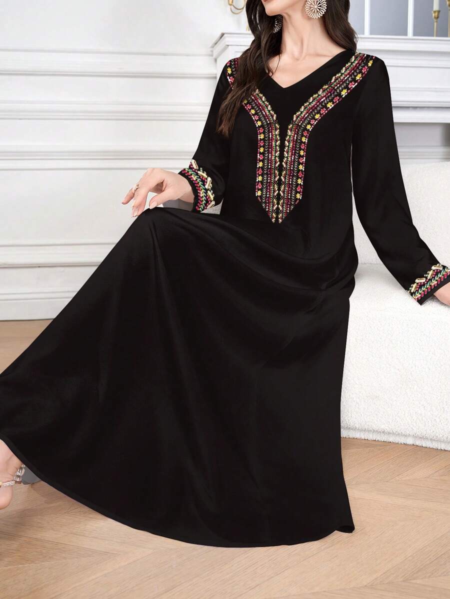 SHEIN Najma Women's Black V-Neck Long Sleeve Flare Hem Elegant & Comfortable Printed Abaya Dress, Vintage Artistic Collar & Cuff Floral Pattern, Polyester Fabric, Suitable For Home, Outdoor, Festivals, Parties & Events, Midi Dress, Summer Dress, Dress For Women