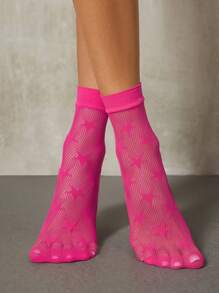 SHEIN ICON Black Star Jacquard Fishnet Ankle Socks, Sexy Star Patterned Tights - Rose Red - View 4