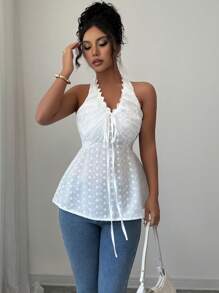 SHEIN Clasi Damen elegantes einfarbiges besticktes Blumen-Splice rüschenbesetztes Neckholder-Camisole - Weiss - Übersicht 5