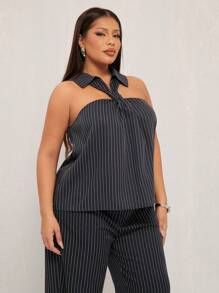 SHEIN SXY Plus Size Women's Sleeveless Black Striped Casual Blouse,Black And White,Summer,Elegant,Night Out Club Office Siren Retro Chic Flatter The Figure - Multicolor - View 5