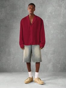 SUMWON 缺口翻领纽扣宽松长袖轻薄秋冬春季休闲商务办公室正装工作休闲衬衫 - 酒紅色 - 查看 4