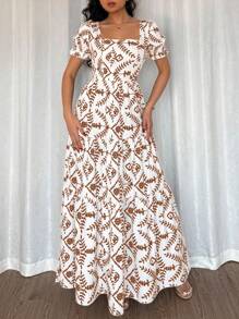 Chiquease 女士时尚优雅刺绣印花长裙 - 棕色 - 查看 5