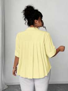 Elenzga Plus Size Women's Elegant Solid Color Puff Sleeve Short Sleeve Shirt, Button-Down Front, A-Line Hem, Spring/Summer - Yellow - View 3