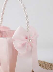 SHEIN 1pc Bow Pearl Wedding Flower Basket - White Bow Flower Basket, Satin Flower Basket, Suitable For Wedding Party Decoration, New Year Gift