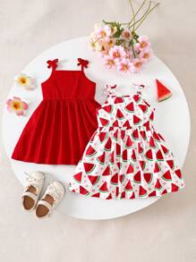 女婴夏季新款两件套连衣裙：红色蝴蝶结荷叶边纯色连衣裙+白色西瓜印花连衣裙，高腰泡泡袖连衣裙甜美公主裙休闲外出派对连衣裙，1-3岁可爱水果图案荷叶边设计，清新夏日度假写真拍摄装 - 紅色 - 查看 8