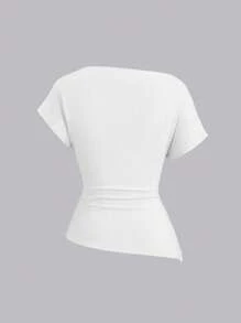 Sweetra Casual Summer Solid Color Asymmetric Short Sleeve T-Shirt
