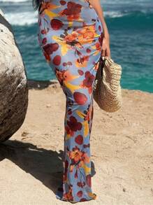 Bonvoyette Women's Floral Print Halter Neck Bodycon Cover Up Dress, Vacation Style For Summer