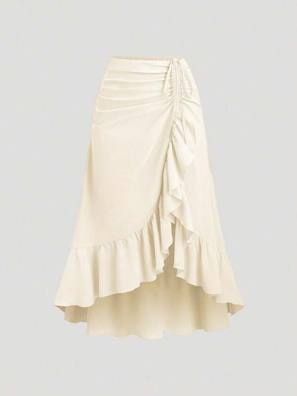 Sweetra Women's New V-Shaped Hem Ruffle Drawstring Waist Layered A-Line Skirt, Retro Style, Wine Red, Spring/Summer, Suitable For Valentine's Day, Party, Bohemian Style Fall Cloth For Women