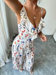 INAWLY Women's Elegant Asymmetrical Ruffle Collar Vacation Wide Leg Printed Jumpsuit