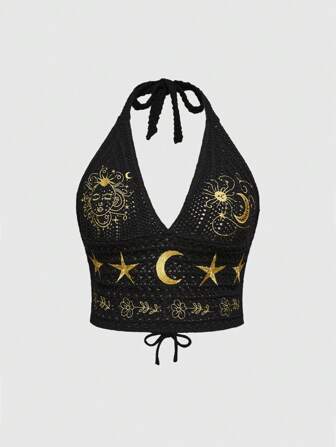 Hippie Blusa de punto tipo halter con bordado de sol y luna, estilo bohemio, talla grande
