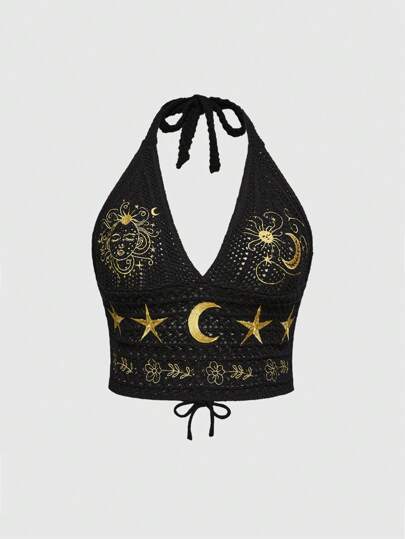 Hippie Plus Size Bohemian Style Sun & Moon Embroidered Halter Neck Knit Top