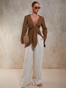 COSMINA Camicia da donna con laccio, di colore solido, casual per le vacanze