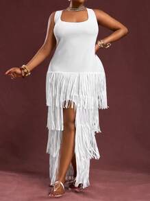 Veslaya 2025年优雅浪漫的婚礼季夏季连衣裙，曲线贴身白色纯色流苏拼接，弹力紧身俱乐部礼服，适合大码女士 - 白色 - 查看 5