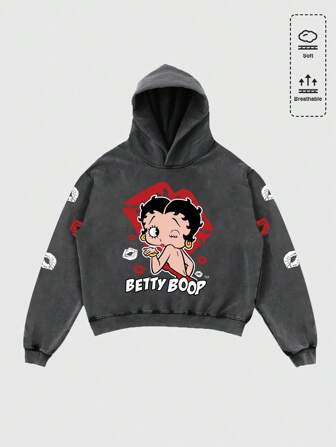 Betty Boop | ROMWE Men's Cartoon Figure Graphic Washed Hoodie