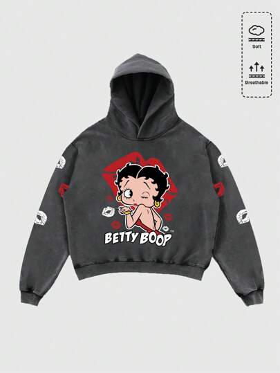 Betty Boop | ROMWE Men's Cartoon Figure Graphic Washed Hoodie