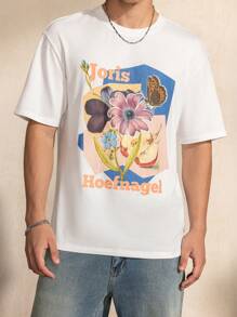 SHEIN Touch of Art Herren Lässig T-Shirt mit kurzen Ärmeln, weiss, mit floralem & Buchstaben Grafik-Muster, Sommer