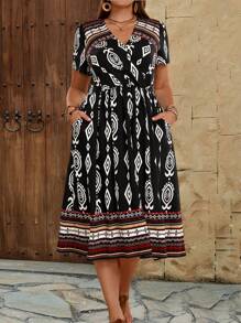 EMERY ROSE Đầm thường ngày in hình học cỡ lớn cho nữ tay ngắn có túi - màu đen - Xem 1