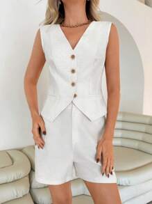 Roylia Holidaya Women French Linen Casual Sleeveless Vest And High Waisted Shorts Suit Set - Apricot - View 6