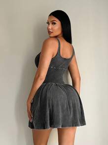 SHEIN SXY 女士夏季休闲水洗无袖收腰迷你连衣裙 - 灰色 - 查看 2