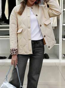 INAWLY Women's Solid Color Splicing Front Button Long Sleeve Pocket Simple Casual Jacket - Cream - View 4
