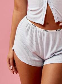 Missguided x Playboy Conjunto de pijama con botones y textura acanalada, con mini shorts, para Navidad - Azul - Ver 7