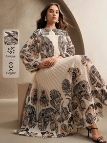 Anewsta 优雅经典花卉印花松紧腰褶皱女式连衣裙 波西米亚风花卉连衣裙 - 杏色 - 查看 1