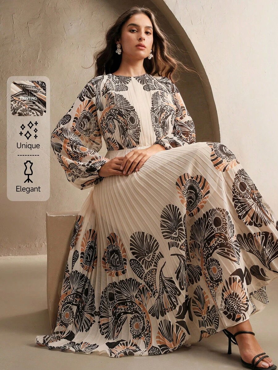 Anewsta 优雅经典花卉印花松紧腰褶皱女式连衣裙 波西米亚风花卉连衣裙 - 杏色 - 查看 1