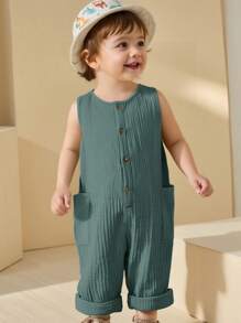 Bubblio Newborn Baby Boy Cute Vacation Casual Versatile Moss Green Gauze Jumpsuit Suitable For Beach, Suitable For Outdoor Play In Summer Baby Jumpsuit Boy Jumpsuit Green Baby Jumpsuit Baby Jumpsuit - Dark Green - View 13