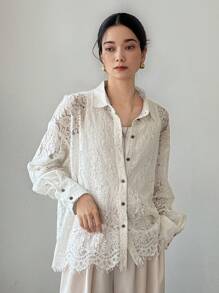 FRIFUL 女士奶油色薄纱蕾丝宽松休闲百搭叠穿衬衫，适合度假、商务及日常穿着，长袖 - 白色 - 查看 3