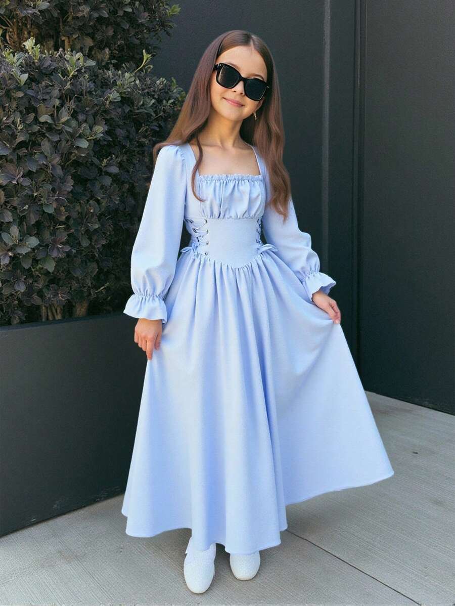 SHEIN Tween Girls' Elegant Waist Cinched Long Sleeve Midi Length Dress Fall Winter - Baby Blue - View 1