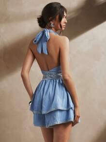 L'Amorae Bộ đồ liền thân xếp tầng cổ yếm màu xanh pastel thanh lịch mùa hè cho nữ, trang phục mùa hè cho nữ, trang phục đi biển cho nữ, trang phục ngày 4 tháng 7 - Màu xanh lam - Xem 1