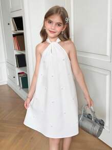 SHEIN 青少年女孩优雅纯白色挂脖珍珠铆钉后背蝴蝶结喇叭形 A 字无袖连衣裙 - 白色 - 查看 4