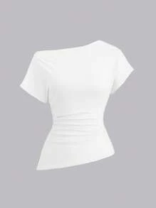 Sweetra Casual Summer Solid Color Asymmetric Short Sleeve T-Shirt