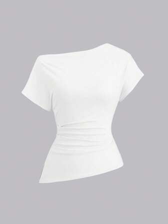 Sweetra Lässiges Sommer Uni Kurzarm T-Shirt mit asymmetrischem Schnitt