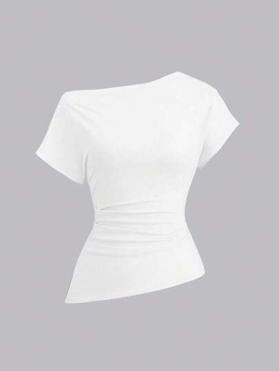 Sweetra 休闲夏季纯色不对称短袖T恤