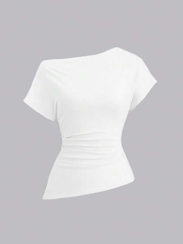 Sweetra Casual Summer Solid Color Asymmetric Short Sleeve T-Shirt
