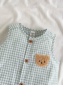 SHEIN 男婴可爱熊刺绣领亨利连体裤，带口袋，适合通勤、休闲、度假、运动、春夏季、男婴服装、婴儿服装、幼儿连体衣