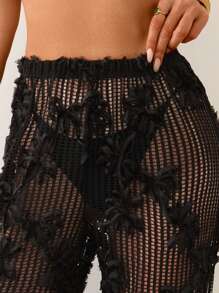 Swim Chiccia Quần ống rộng thêu hoa bằng lưới rỗng cho kỳ nghỉ hè của phụ nữ - màu đen - Xem 4