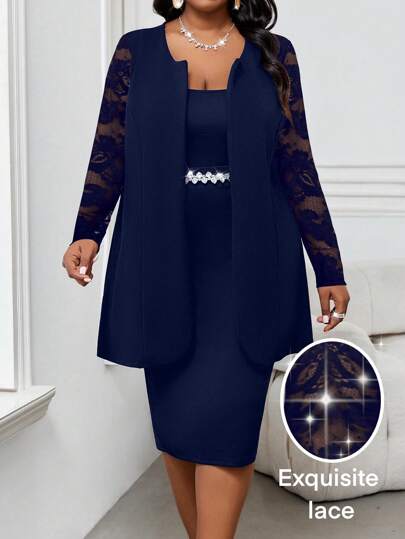 SHEIN Lady New Women Plus Size Navy Blue Coat Contrast Lace Royal Blue Business Casual Woman Teacher Coat For Women Winter Fall Autumn Valentine's Day