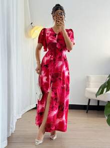 Chiquease 女士优雅花卉印花荷叶边袖长裙，玫瑰红色