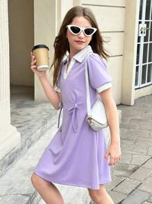 SHEIN Váy trang trí nơ chắp vá nhiều màu sắc thường ngày mùa hè cho bé gái tuổi teen - Màu tím hoa cà - Xem 4