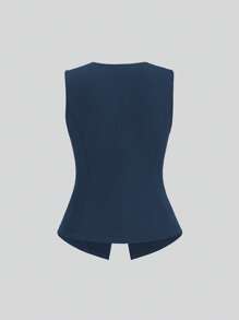 Sweetra Women's Summer Versatile Gold Button Sleeveless Top & Draping Trousers/Pants - Navy Blue - View 4