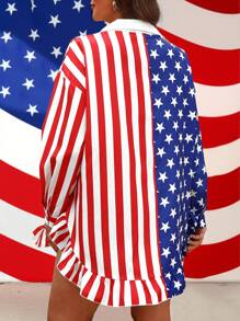 SHEIN LUNE Plus Size Women Independence Day American Flag Digital Print Ruffle Collar Button Loose Blouse - Multicolor - View 2