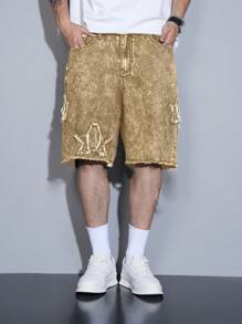 Manfinity Homme Men's Distressed Pocket Pentagram Loose Wide Leg Casual Denim Shorts - Khaki - View 7