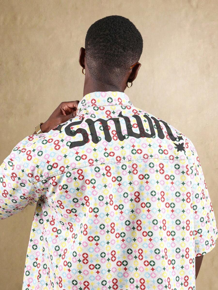 SUMWON Logomania Short Sleeve Button Down Shirt Lightweight Pattern Star Design Casual Festival Streetwear Spring Summer Modern Boxy Fit - Multicolor - View 1
