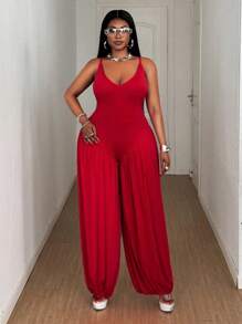 Maweii Mono de talla grande para mujer con escote en V, tirantes y estilo bombacho ajustado - Rojo - Ver 4